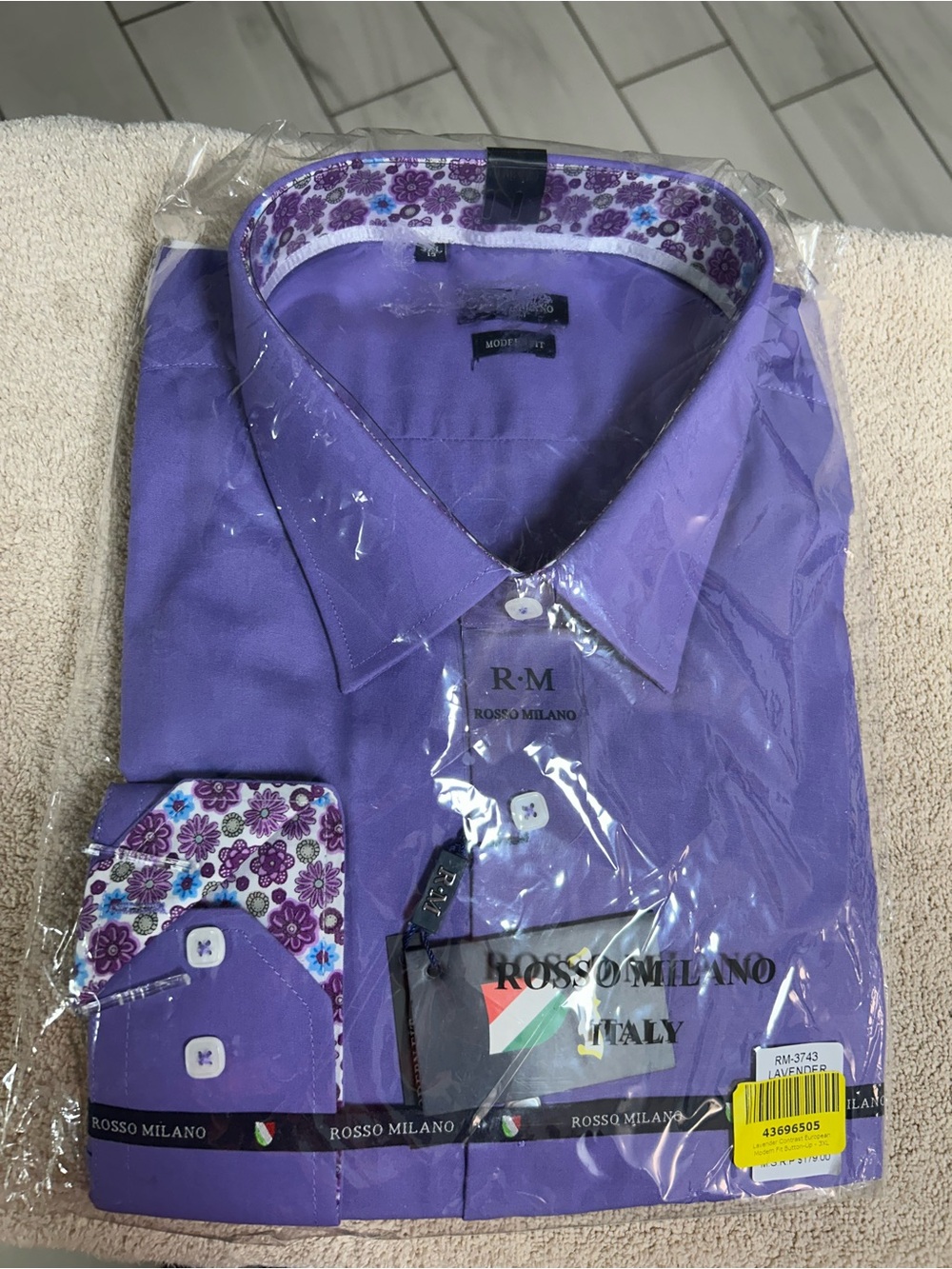 ROSSO MILANO ITALY Men’s purple/print dress shirt. Modern fit. Size 3XL/19 NWT